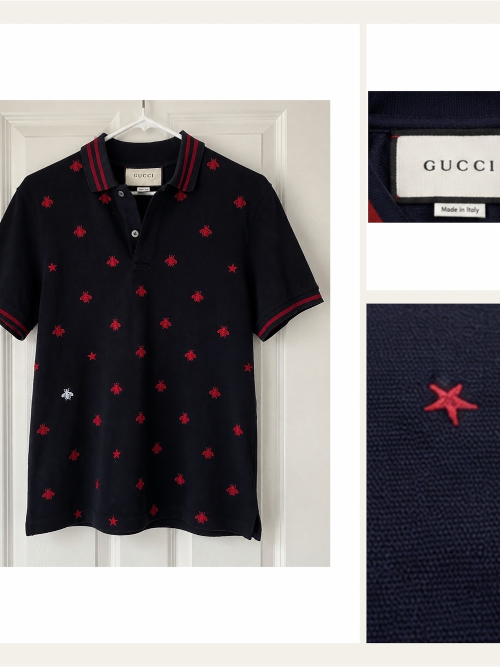 Authentic Gucci navy polo, size small, with red embroidered bees and stars.